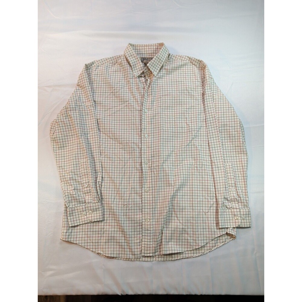 DULUTH TRADING CO. MENS Sz L Button Collar Dress Shirt Cream W/ Checker Print